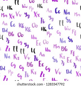 Light Purple, Pink vector seamless backdrop with english symbols. Blurred design in simple style with signs of alphabet. Texture for window blinds, curtains.