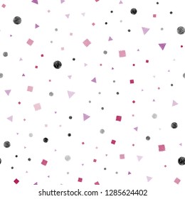 Light Purple, Pink vector seamless backdrop with lines, circles, rhombus. Illustration with colorful circles, triangles, rectangles. Pattern for design of window blinds, curtains.