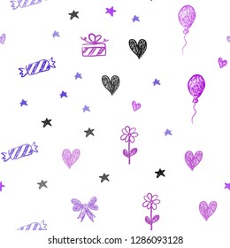 Light Purple, Pink vector seamless pattern in christmas style. Illustration with a gradientheart, baloon, candy, gift, star, ribbon. Design for colorful commercials.