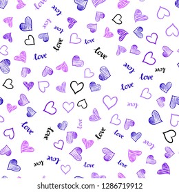 Light Purple, Pink vector seamless template with text LOVE YOU, hearts. Romantic illustration with colorful phrase LOVE YOU, hearts. Pattern for trendy fabric, wallpapers.