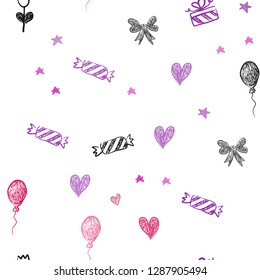 Light Purple, Pink vector seamless layout in new year style. Abstract illustration with aheart, baloon, candy, gift, star, ribbon. Design for holiday adverts.