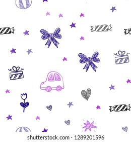 Light Purple, Pink vector seamless texture with birthday gifts. Colorful illustration with a toy car, heart, baloon, tulip, candy, ball. Pattern for birthday gifts.