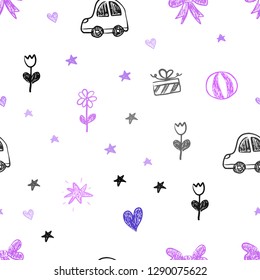 Light Purple, Pink vector seamless template with carnival elements. Illustration with a colorful toy car, heart, baloon, tulip, candy, ball. Pattern for carnival, festival ads.