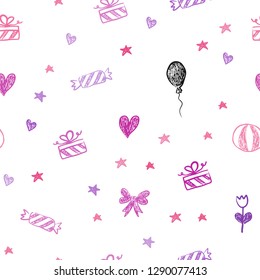 Light Purple, Pink vector seamless pattern in christmas style. Abstract illustration with aheart, baloon, candy, gift, star, ribbon. Template for new year postcards.
