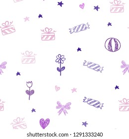 Light Purple, Pink vector seamless pattern in christmas style. Illustration with a gradientheart, baloon, candy, gift, star, ribbon. Template for new year postcards.