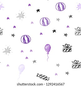 Light Purple, Pink vector seamless template in carnival style. Abstract illustration with a toy car, baloon, candy, star, ball. Pattern for carnival, festival ads.