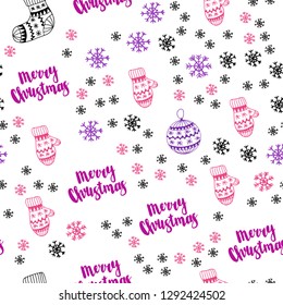 Light Purple, Pink vector seamless template with ice snowflakes, balls, socks, mittens. Glitter abstract illustration with gradient. Template for business cards, websites.