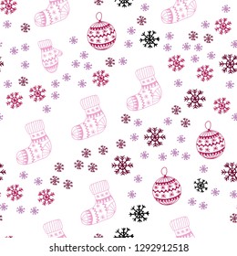 Light Purple, Pink vector seamless template with ice snowflakes, balls, socks, mittens. Colorful xmas elements with gradient. Texture for window blinds, curtains.