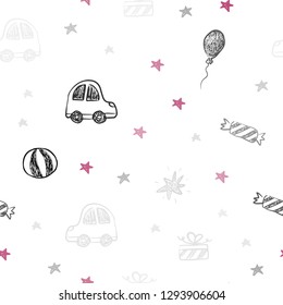 Light Purple, Pink vector seamless pattern in christmas style. Illustration with a colorful toy car, baloon, candy, star, ball. Pattern for carnival, festival ads.