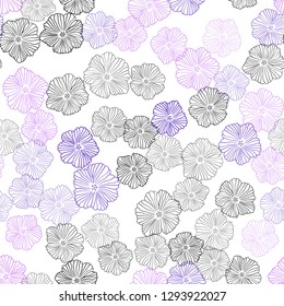 Light Purple, Pink vector seamless doodle background with flowers. Decorative design of flowers on white background. Pattern for trendy fabric, wallpapers.