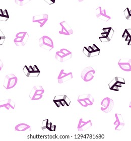 Light Purple, Pink vector seamless background with 3D signs of alphabet. Modern geometrical illustration with 3D ABC english symbols. Pattern for design of fabric, wallpapers.