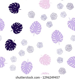 Light Purple, Pink vector seamless natural backdrop with flowers, leaves. Colorful abstract illustration with leaves in doodle style. Template for business cards, websites.
