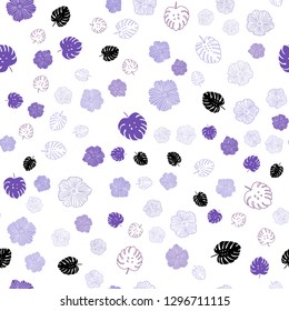 Light Purple, Pink vector seamless doodle background with leaves, flowers. Glitter abstract illustration with leaves and flowers. Pattern for trendy fabric, wallpapers.