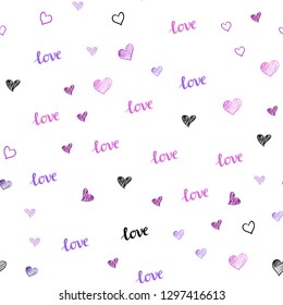 Light Purple, Pink vector seamless pattern with phrase LOVE YOU, hearts. Design in doodle style with text LOVE YOU, hearts. Design for wallpaper, fabric makers.