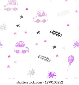 Light Purple, Pink vector seamless layout in new year style. Illustration with a colorful toy car, baloon, candy, star, ball. Template for new year postcards.