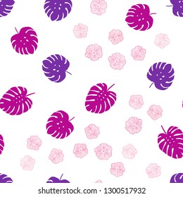 Light Purple, Pink vector seamless elegant wallpaper with flowers, leaves. Colorful illustration in doodle style with leaves, flowers. Template for business cards, websites.