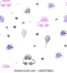 Light Purple, Pink vector seamless backdrop in holiday style. Illustration with a colorful toy car, baloon, candy, star, ball. Pattern for birthday gifts.