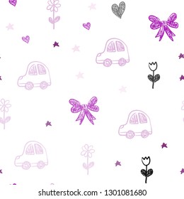 Light Purple, Pink vector seamless background with xmas attributes. Design in xmas style with a toy car, heart, baloon, tulip, candy, ball. Template for new year postcards.
