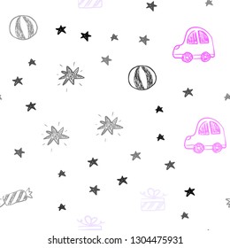 Light Purple, Pink vector seamless pattern in christmas style. Shining illustration with a toy car, baloon, candy, star, ball. Pattern for birthday gifts.