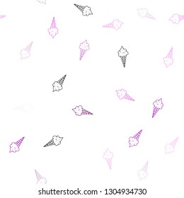 Light Purple, Pink vector seamless layout with ice-cream set. Glitter abstract sketch with ice-cream cones. Template of a black hot beverage in a cafe.