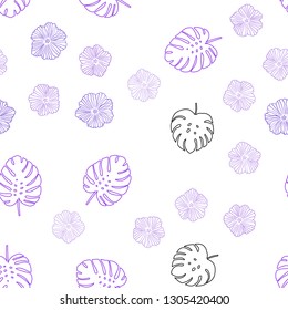 Light Purple, Pink vector seamless natural backdrop with flowers, leaves. Abstract illustration with leaves, flowers in doodles style. Design for textile, fabric, wallpapers.