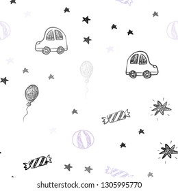 Light Purple, Pink vector seamless texture in birthday style. Abstract illustration with a toy car, baloon, candy, star, ball. Pattern for birthday gifts.