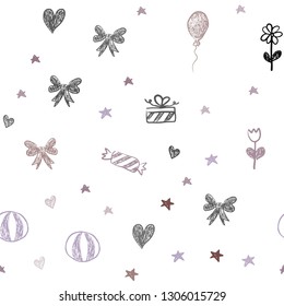 Light Purple, Pink vector seamless background in xmas style. Design in xmas style with aheart, baloon, candy, gift, star, ribbon. Template for new year postcards.