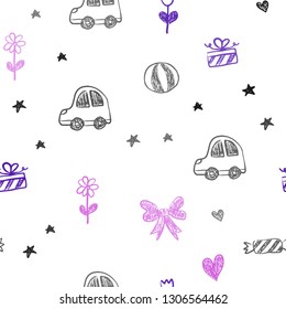 Light Purple, Pink vector seamless pattern with christmas toys. Illustration with a gradient toy car, heart, baloon, tulip, candy, ball. Pattern for new year ads.