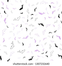 Light Purple, Pink vector seamless background with dolphins. Isolated sea dolphins on white background. Pattern for wildlife ad, booklets.