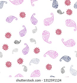 Light Purple, Pink vector seamless natural backdrop with leaves and flowers. Leaves and flowers with gradient on white background. Design for textile, fabric, wallpapers.