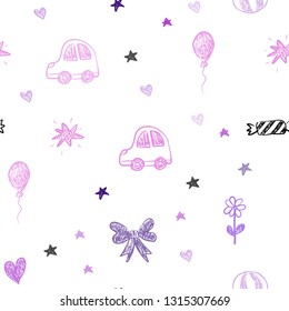 Light Purple, Pink vector seamless layout with new year gifts. Illustration with a gradient toy car, heart, baloon, tulip, candy, ball. Pattern for birthday gifts.
