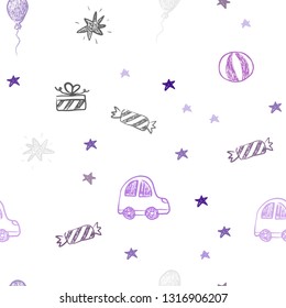 Light Purple, Pink vector seamless background in xmas style. Design in xmas style with a toy car, baloon, candy, star, ball. Pattern for carnival, festival ads.