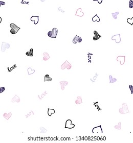 Light Purple, Pink vector seamless texture with words LOVE YOU, hearts. Illustration with phrase LOVE YOU, hearts for valentine's day. Pattern for design of fabric, wallpapers.