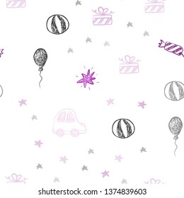 Light Purple, Pink vector seamless layout in new year style. Design in xmas style with a toy car, baloon, candy, star, ball. Pattern for carnival, festival ads.