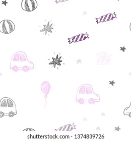 Light Purple, Pink vector seamless backdrop in holiday style. Design in xmas style with a toy car, baloon, candy, star, ball. Design for holiday adverts.