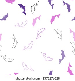 Light Purple, Pink vector seamless texture with dolphins. Decorative design in natural style with sea dolphins. Pattern for wildlife ad, booklets.
