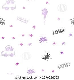 Light Purple, Pink vector seamless background in xmas style. Design in xmas style with a toy car, baloon, candy, star, ball. Design for colorful commercials.