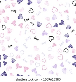 Light Purple, Pink vector seamless pattern with phrase LOVE YOU, hearts. Illustration with phrase LOVE YOU, hearts for valentine's day. Design for wallpaper, fabric makers.