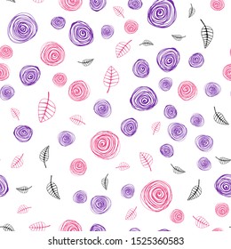 Light Purple, Pink vector seamless doodle layout with leaves and flowers. Leaves, flowers in natural style on white background. Pattern for trendy fabric, wallpapers.