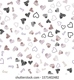 Light Purple, Pink vector seamless pattern with phrase LOVE YOU, hearts. Illustration with words of love, hearts in abstract style. Template for business cards, websites.