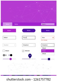 Light Purple, Pink vector style guide with triangles, circles. Ui Ux kit with colorful polygonal background in its header. Beautiful layout for websites, landing pages.