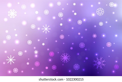 Light Purple, Pink vector template with ice snowflakes. Blurred decorative design in xmas style with snow. The pattern can be used for year new  websites.