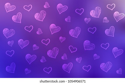 Light Purple, Pink vector template with doodle hearts. Glitter abstract illustration with colorful hearts in romantic style. Pattern for carnival, festival romantic leaflets.