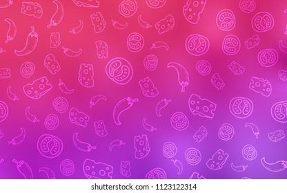 Light Purple, Pink vector template with organic meal. Fast Food on blurred abstract background with colorful gradient. Pattern for ads of breakfast, lunch, dinner.