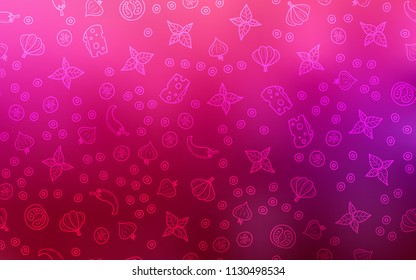 Light Purple, Pink vector template with organic meal. Fast Food on blurred abstract background with colorful gradient. Doodle design for your business advert of cafes.