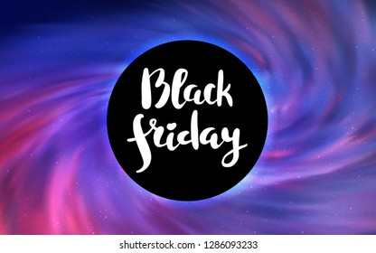 Light Purple, Pink vector template with a black hole, space. Abstract illustration with glitter colorful cosmic stars. Backdrop for super sales on Black Friday.
