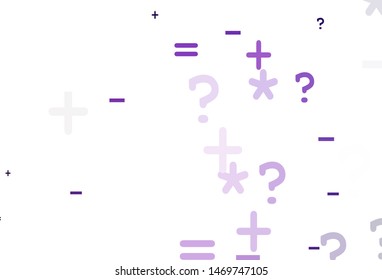 Light Purple, Pink vector template with math simbols. Abstract illustration with colored algebra signs. Pattern for ad, booklets, leaflets of education.