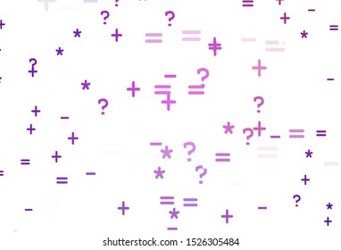 Light Purple, Pink vector template with math simbols. Illustration with Numeral symbols on abstract template. Smart design for university advert.