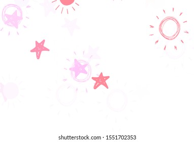 Light Purple, Pink vector template with doodle stars, suns. Shining colored illustration with stars, suns. Pattern for futuristic ad, booklets.
