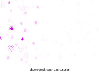 Light Purple, Pink vector template with doodle stars, suns. Shining colored illustration with stars, suns. Pattern for futuristic ad, booklets.